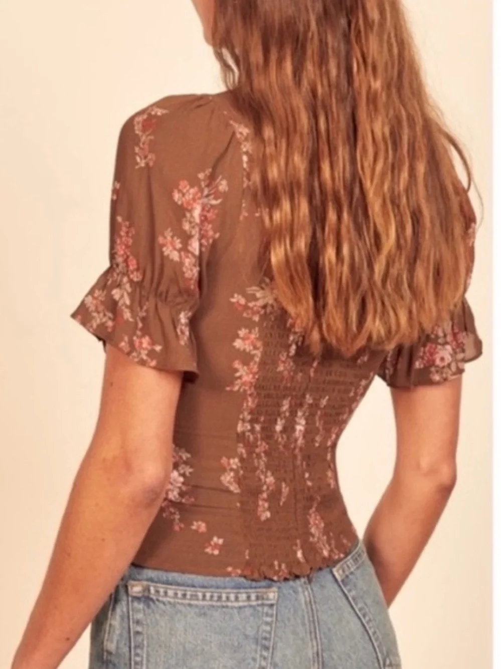 Reformation Delevan Top Brown Floral Tie-Front Puff Sleeve Blouse Smocked Sz 12
